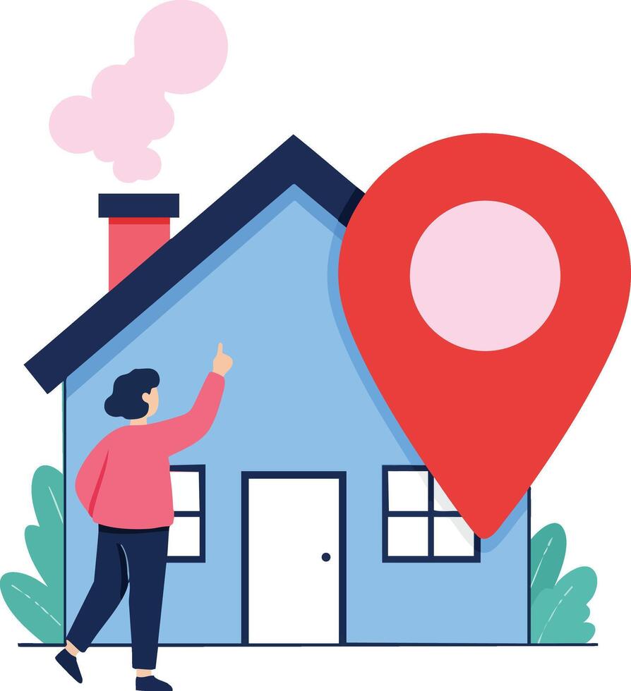 House with location pin and person pointing at blue home building icon illustration vector