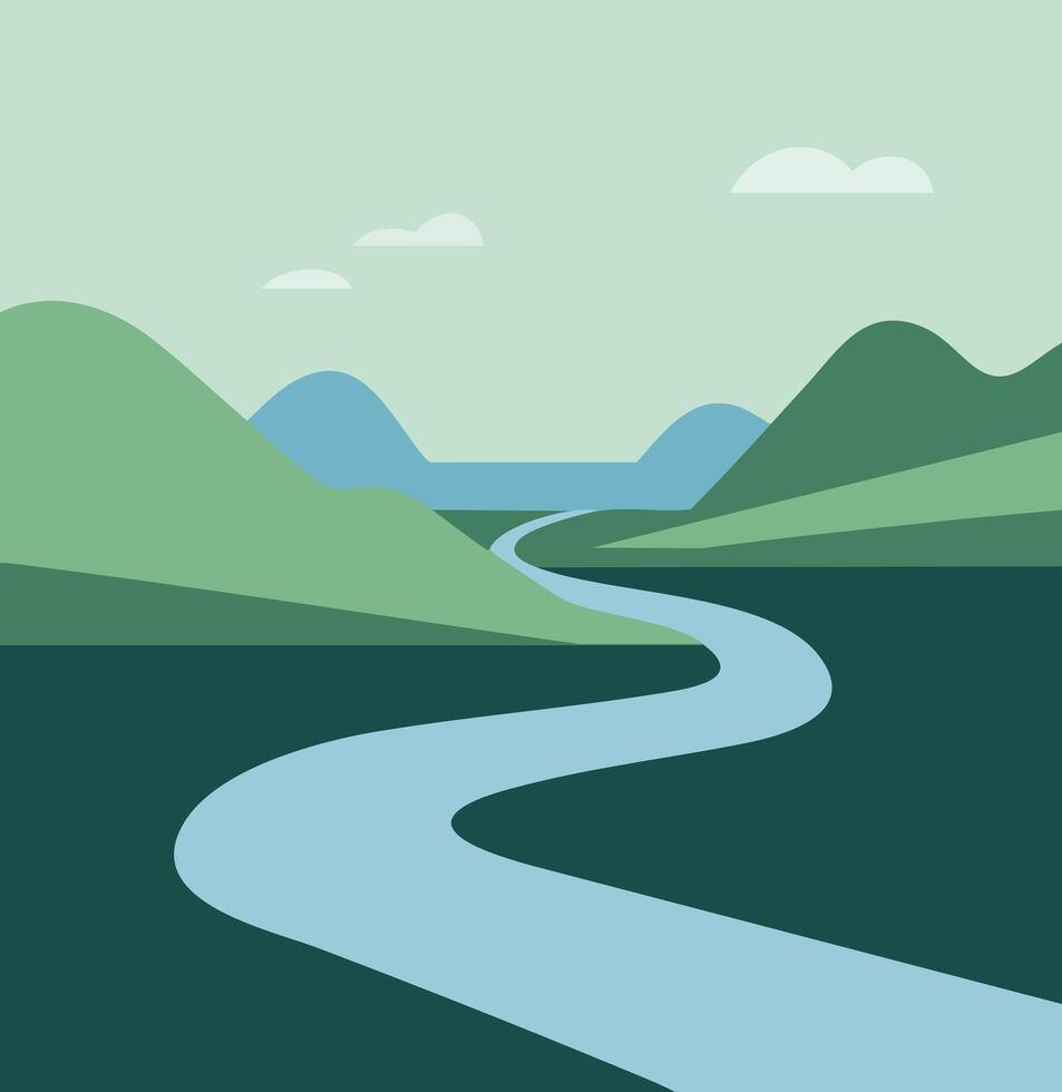 River flowing through green hills with blue mountains and cloudy sky in minimalist landscape illustration vector