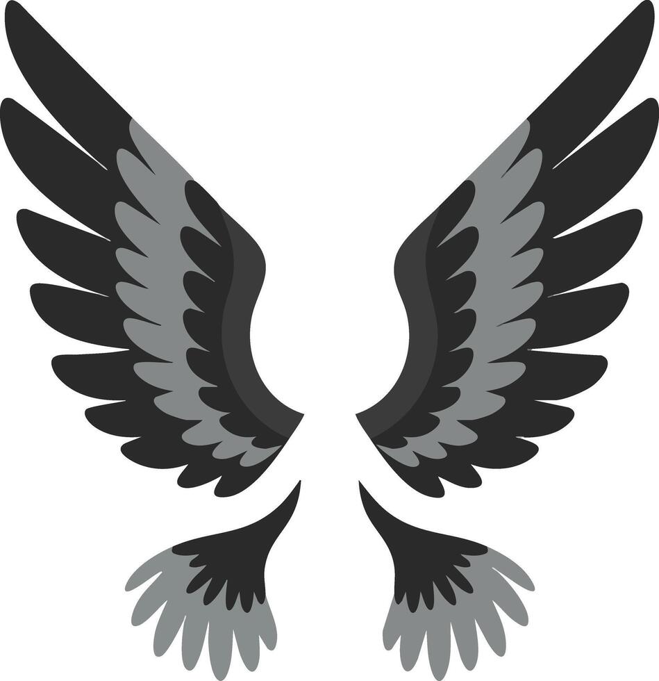 Black and gray stylized wings illustration with feather details and symmetrical design vector