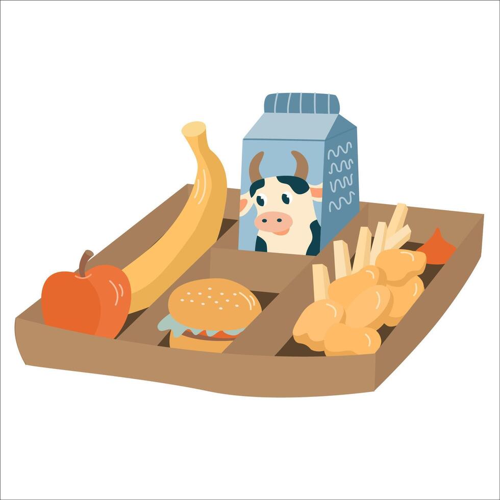 School lunch on a tray hand drawn flat style illustration black outline. Back to school theme element vector