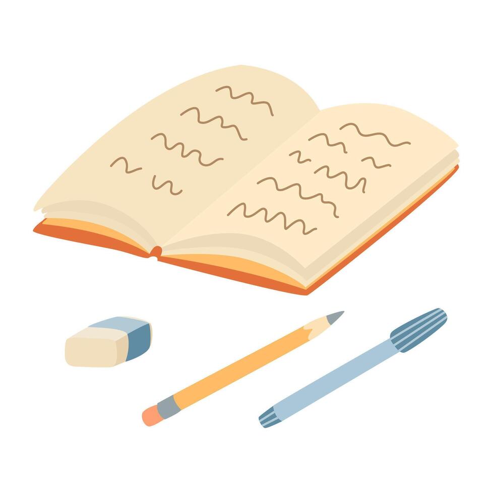 Student copybook or notebook with pen and pencil. Hand drawn flat style illustration vector