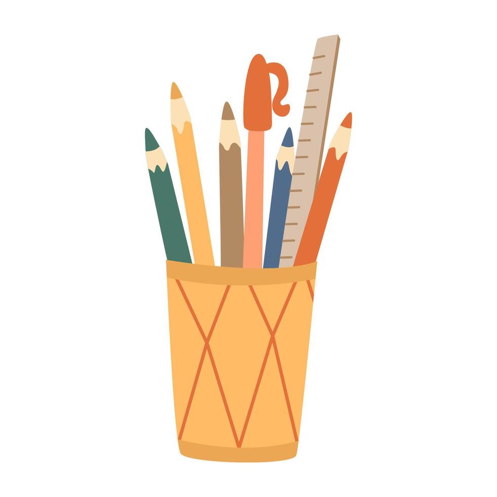Cup with pens and pencils. Hand drawn flat style illustration. Back to school theme element. vector