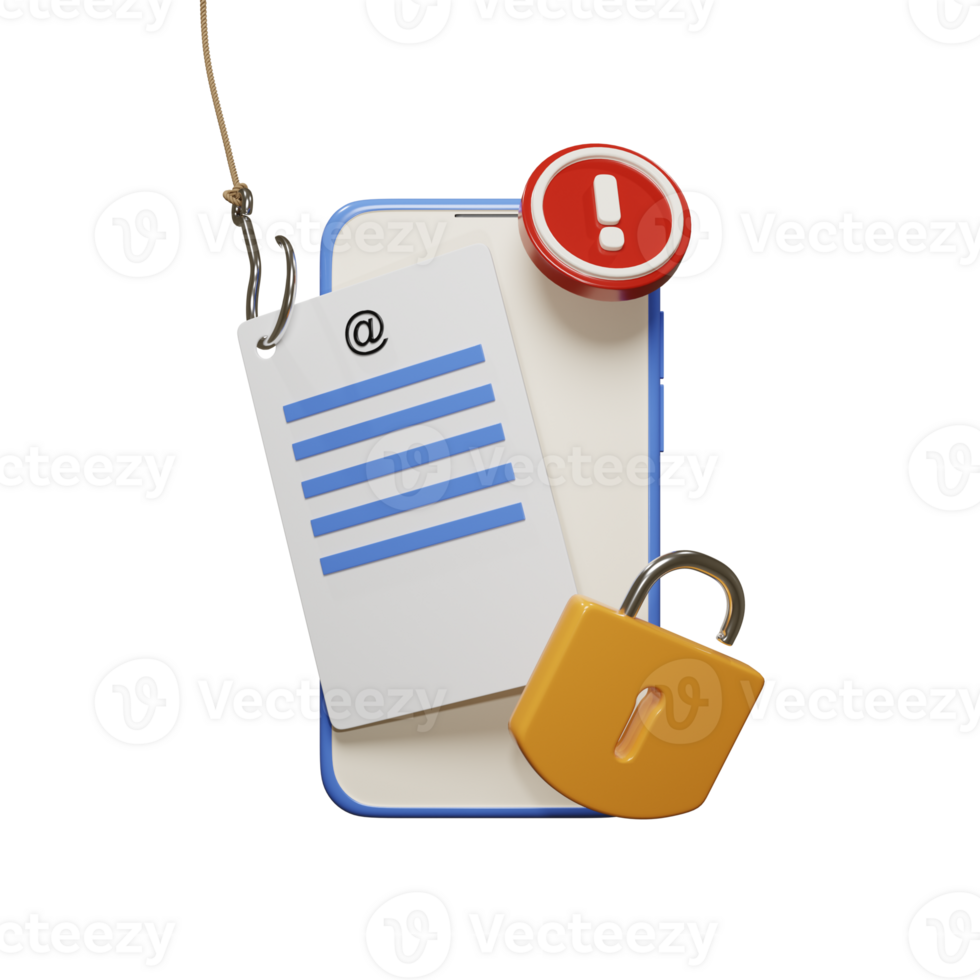 3D Rendering of Smartphone, Document, Security Key, and Hook. Representing Phishing and Data Stealing Illustration png