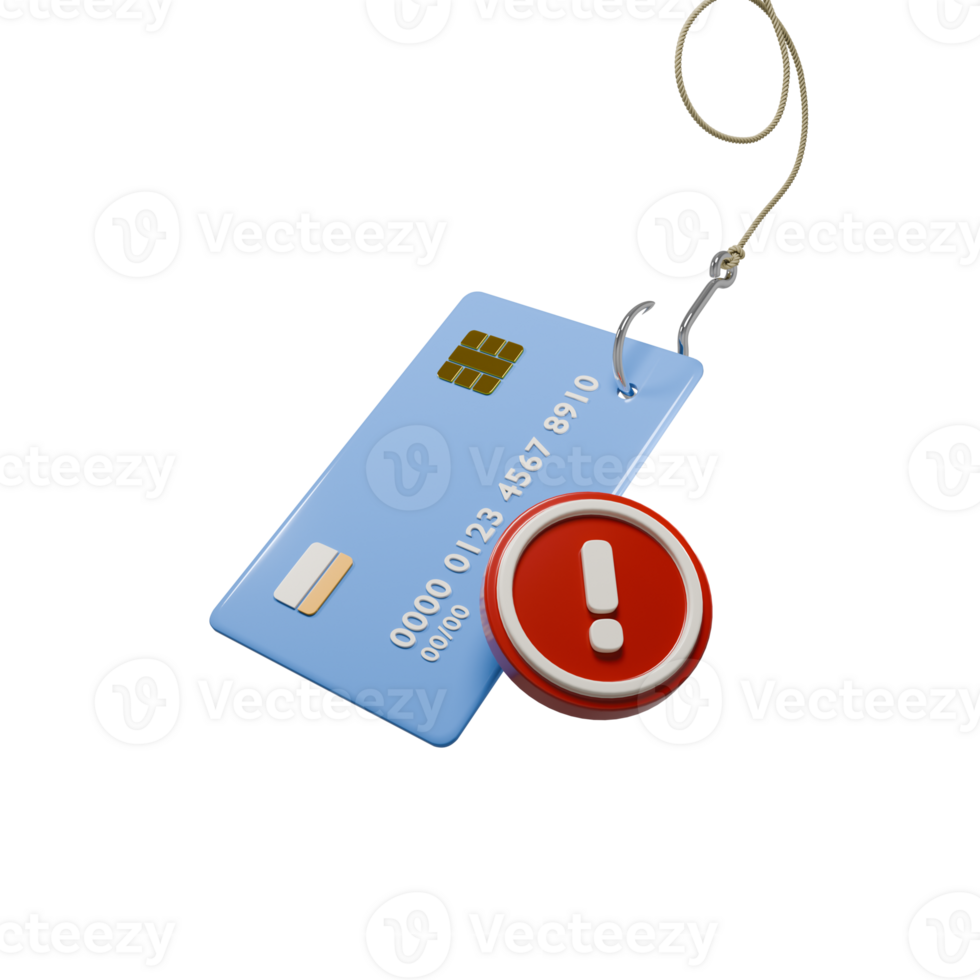Phishing Attack Credit Card Security Alert 3D Cartoon Render Illustration with Card, Warning Sign, and Hook png