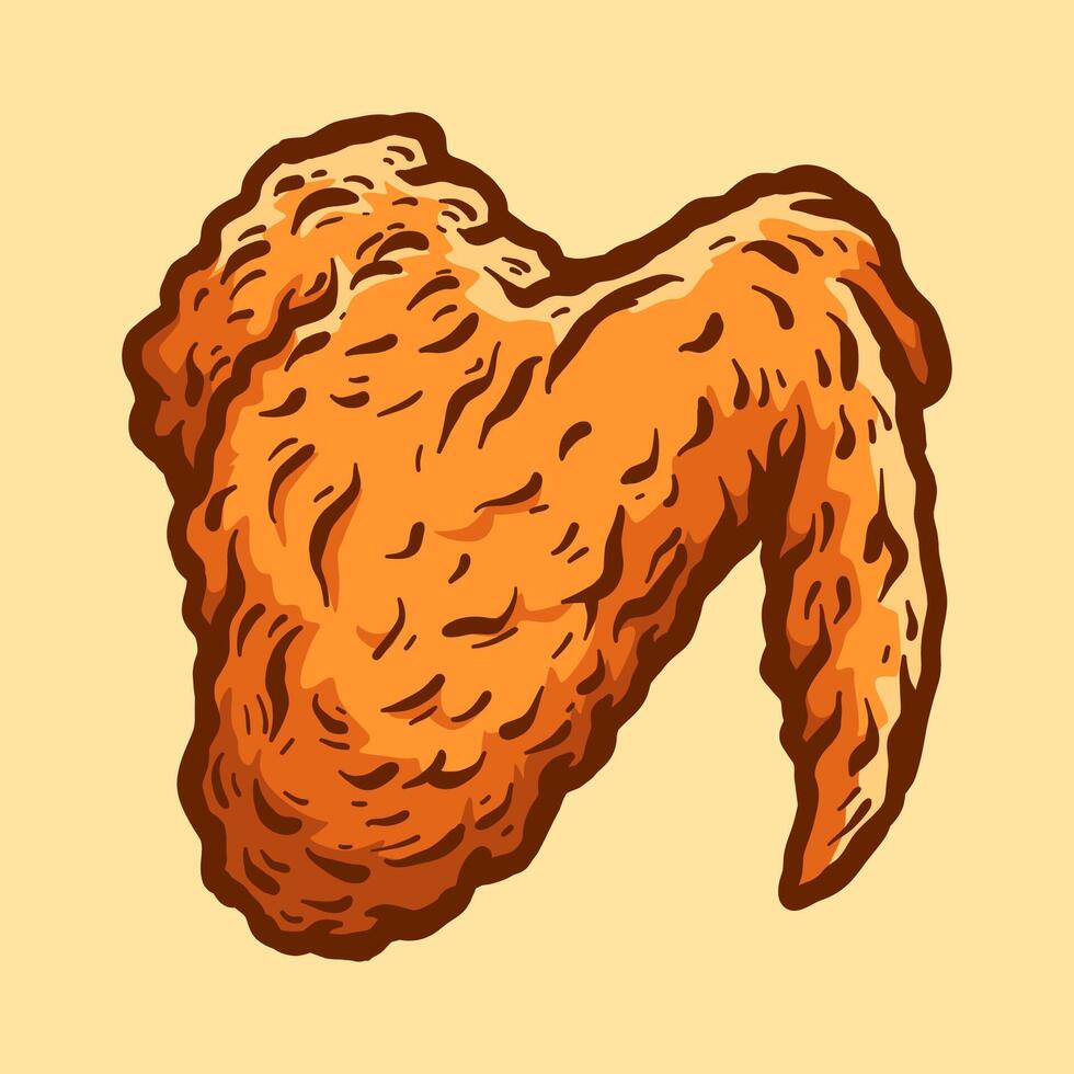 wings fried chicken colored cartoon isolated drawing line style sketch classic vintage design illustration vector