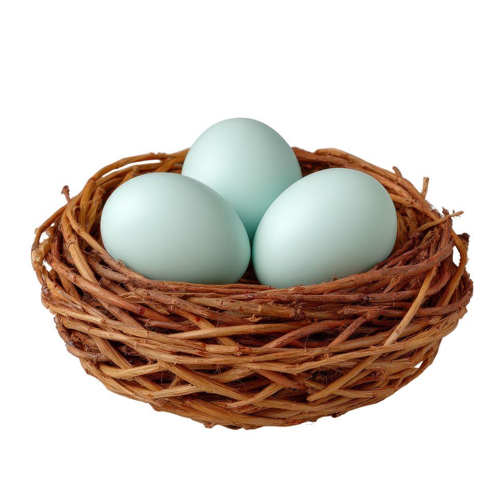 Nest Containing Blue Eggs in a Natural Woven Basket png