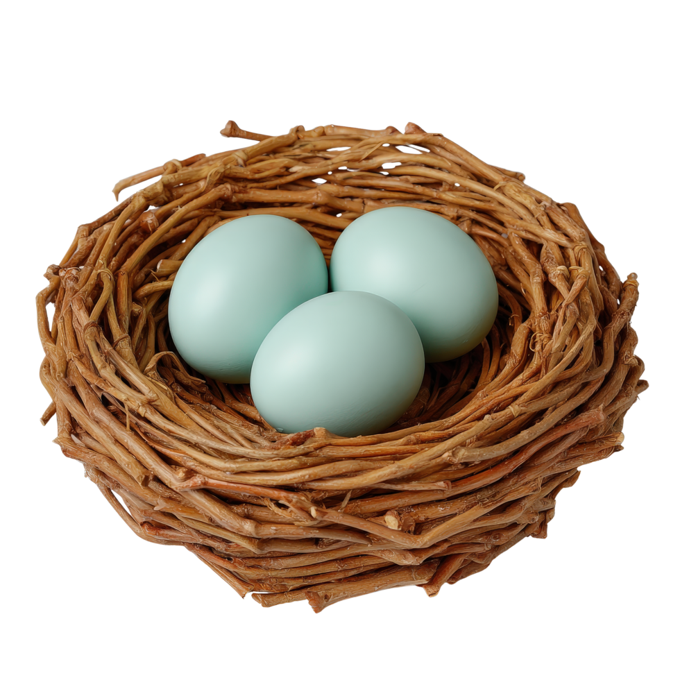 Three Light Blue Eggs Nestled in Twisted Brown Branches png