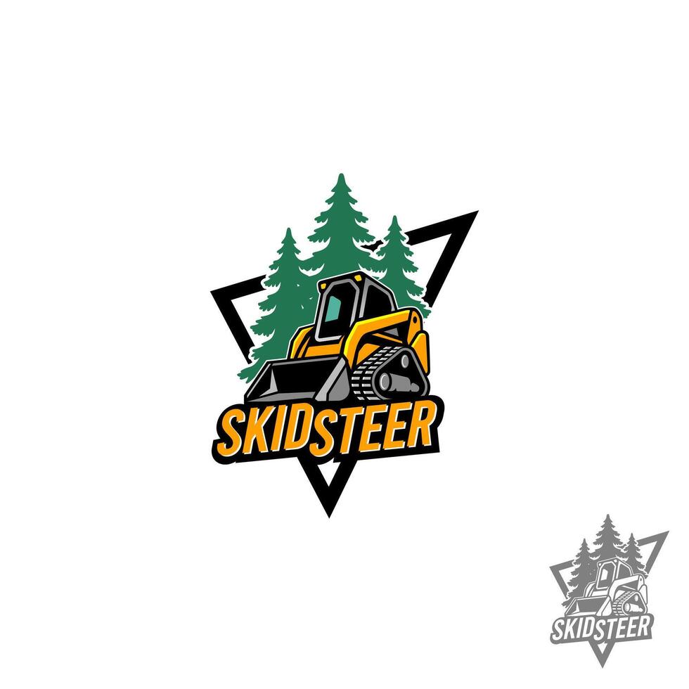 The logo features a bold, stylized triangular background framing an illustration of a skid steer and pine trees, blending rugged machinery with natural elements for a strong identity. vector