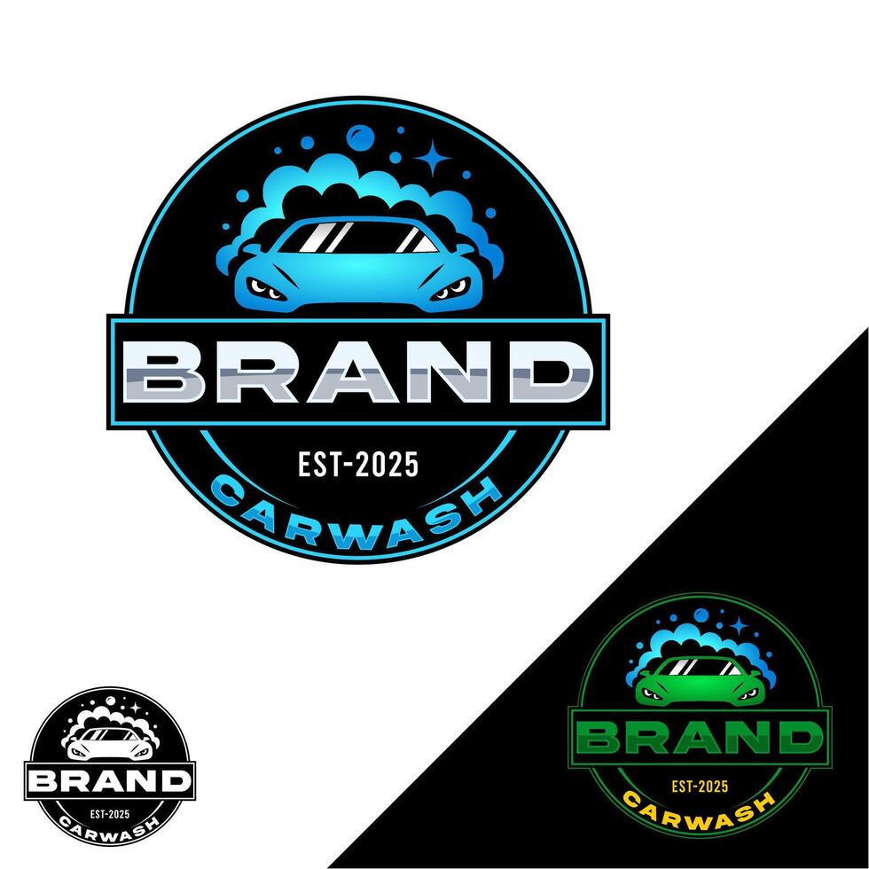 A circular emblem logo featuring a car with soap bubbles, symbolizing cleanliness and professional car wash service. vector