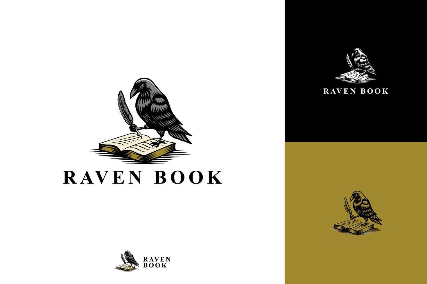 A vintage style illustration of a dark raven holding a quill pen above an open book vector