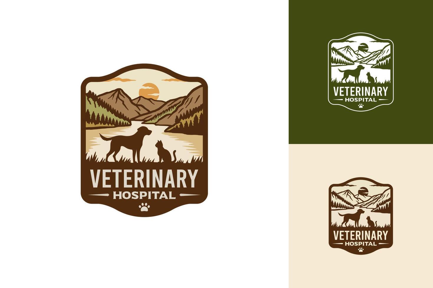 An emblem logo illustration for a veterinary hospital, featuring a dog and cat with a mountain backdrop, river, and sunset. vector