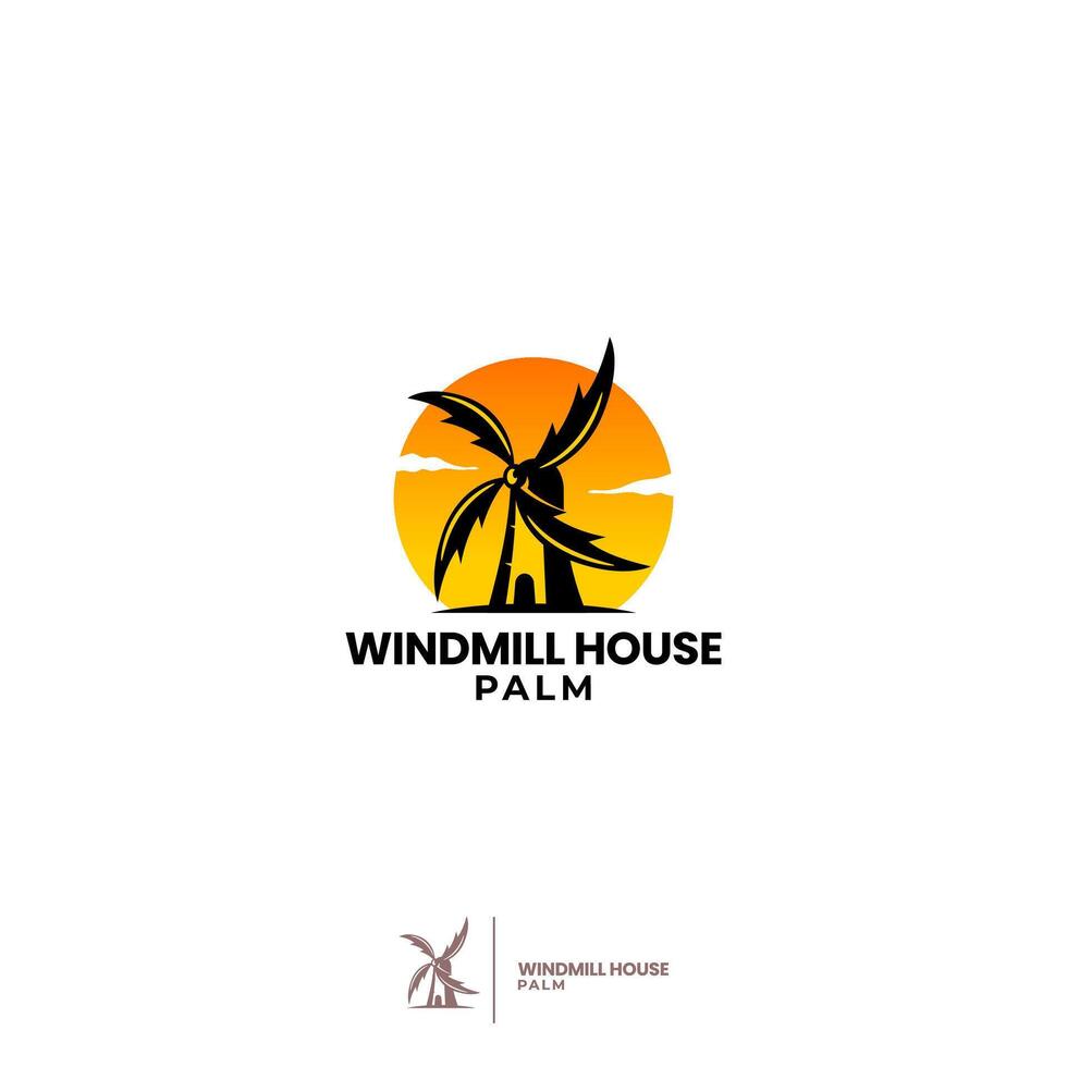 The logo incorporates a palm tree and a windmill house in negative space, with a sunset backdrop vector