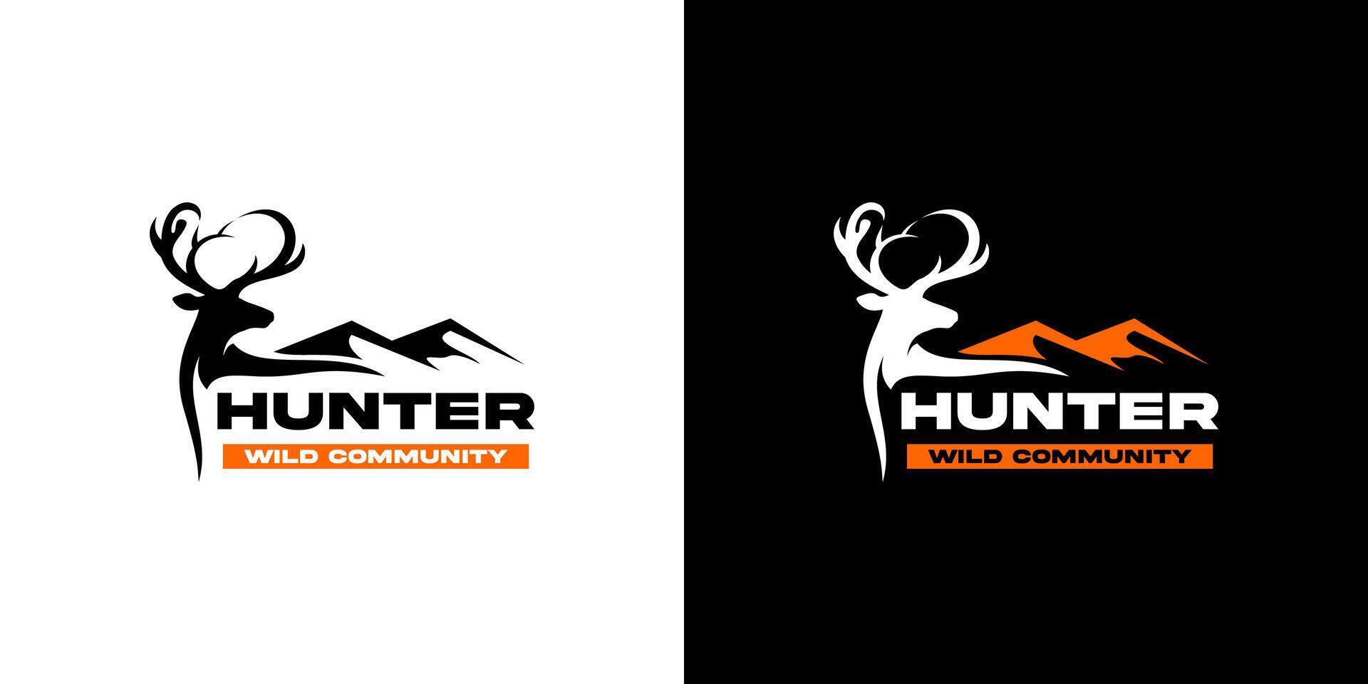 modern Hunter wild community logo design featuring a mountain, deer and turkey in negative space style. vector