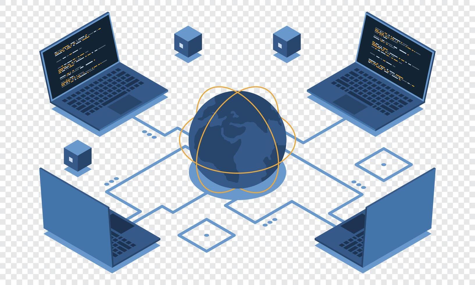 Laptops and globe depicting network connections vector