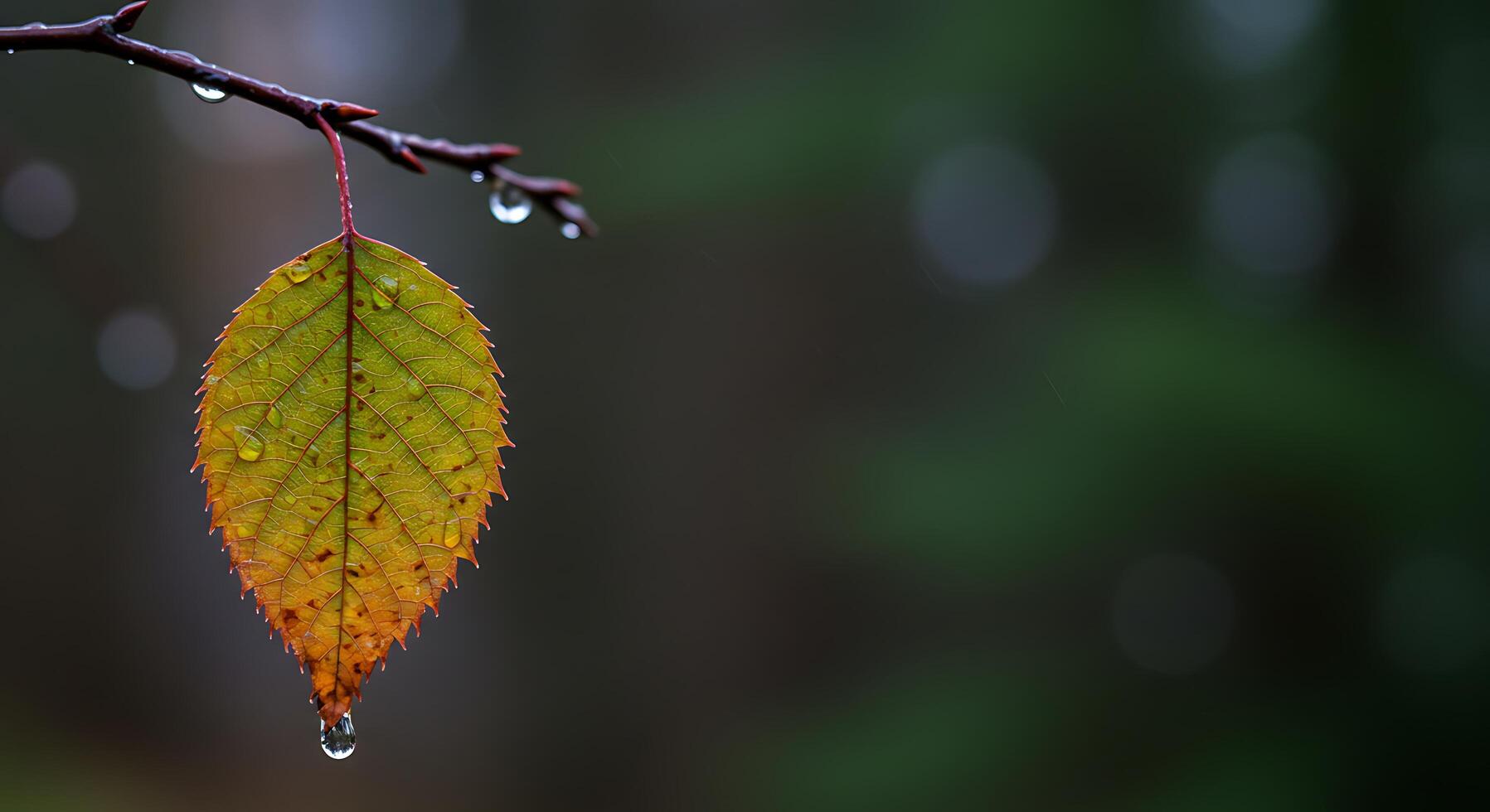 Raindrops on Autumn Leaf Hanging From Branch with Bokeh Background photo