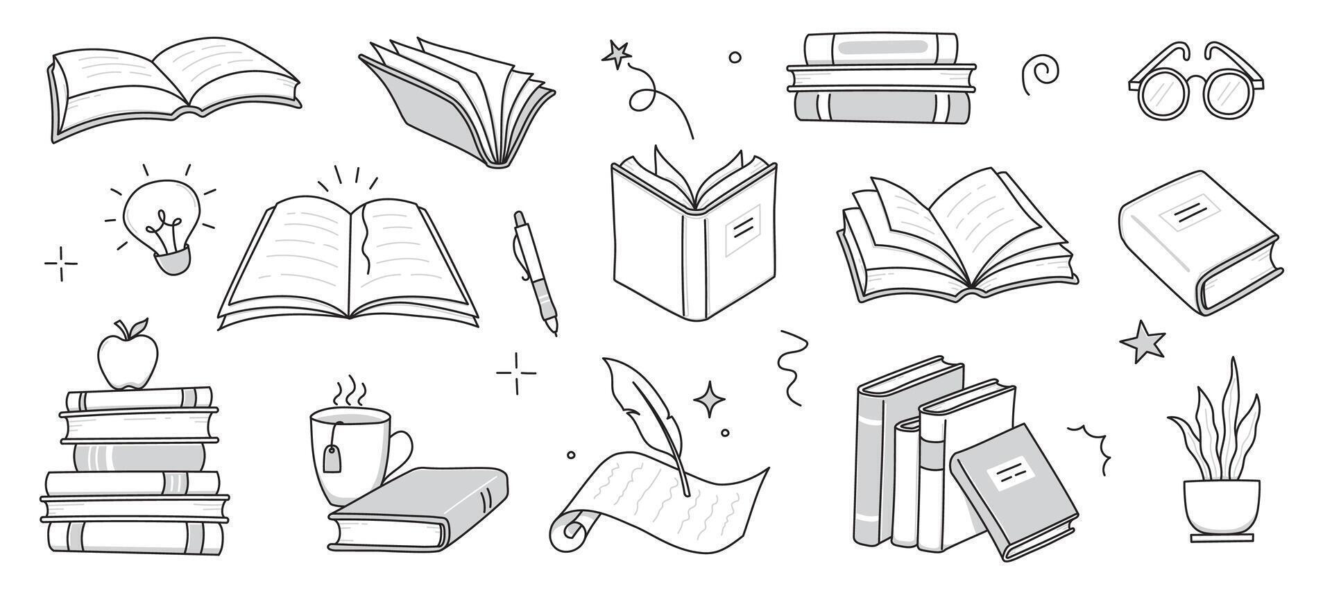 Book library stack sketch set. Hand drawn sketch doodle style line book stack. Library, reading, school doodle concept icon background. Blue pen line style strokes vector