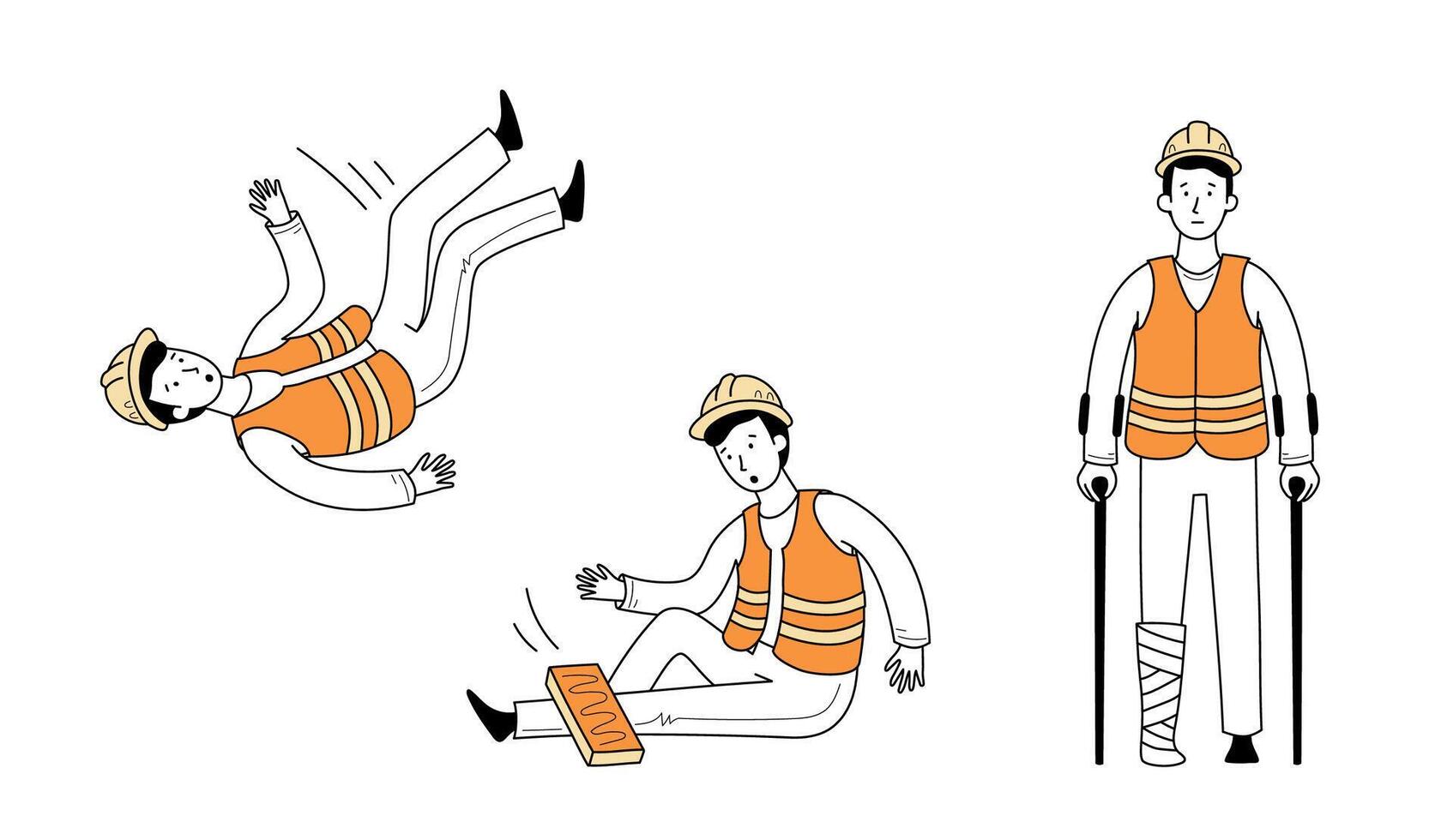Injured worker fall accident set. Line doodle worker person vector