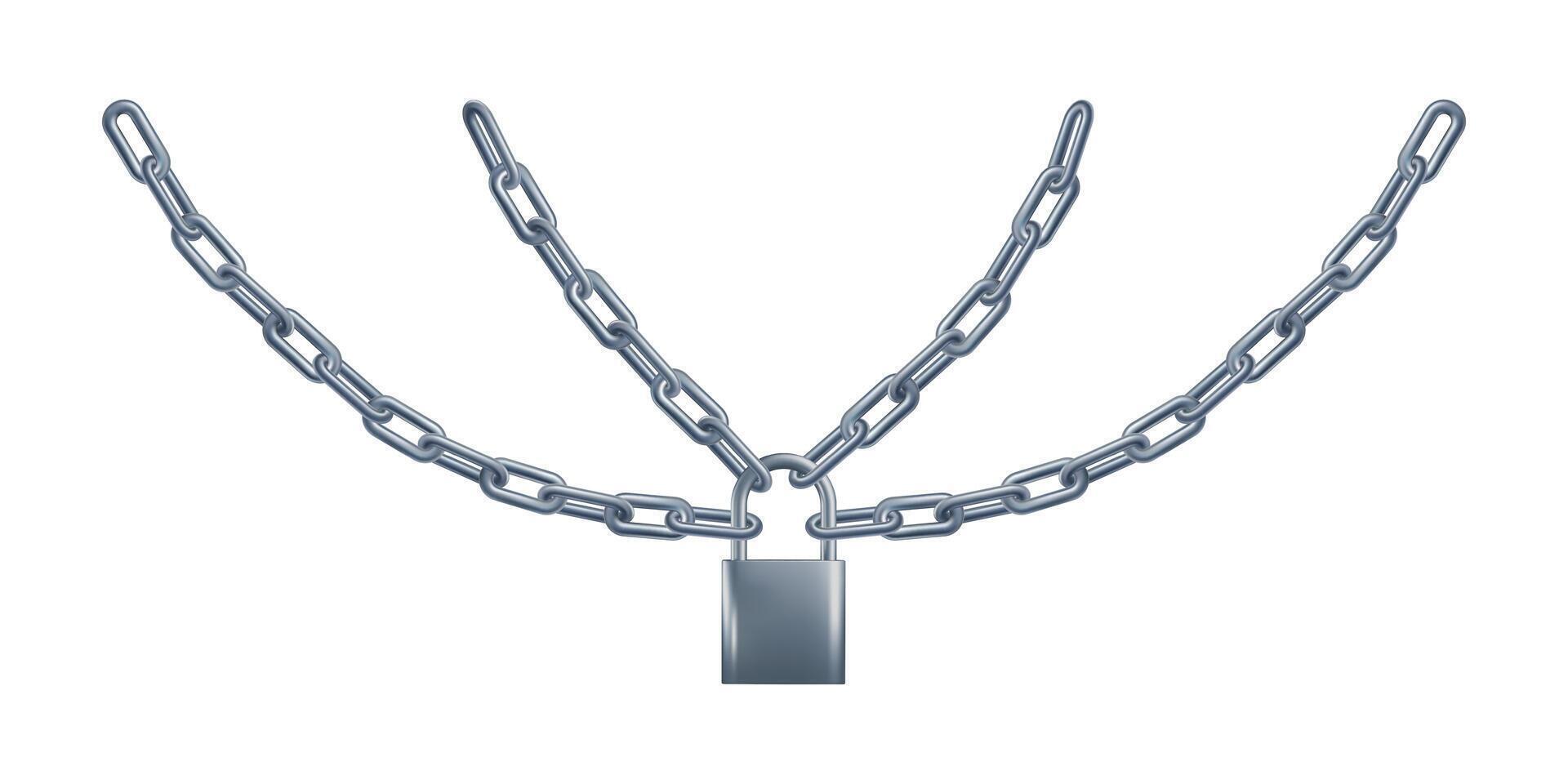 Chains hanging closed on padlock. Free curved wrapped around 3d linked rings. Steel silver break jail concept. Weak or strong iron security. Metal prison lock, overlay for blocked secret content vector