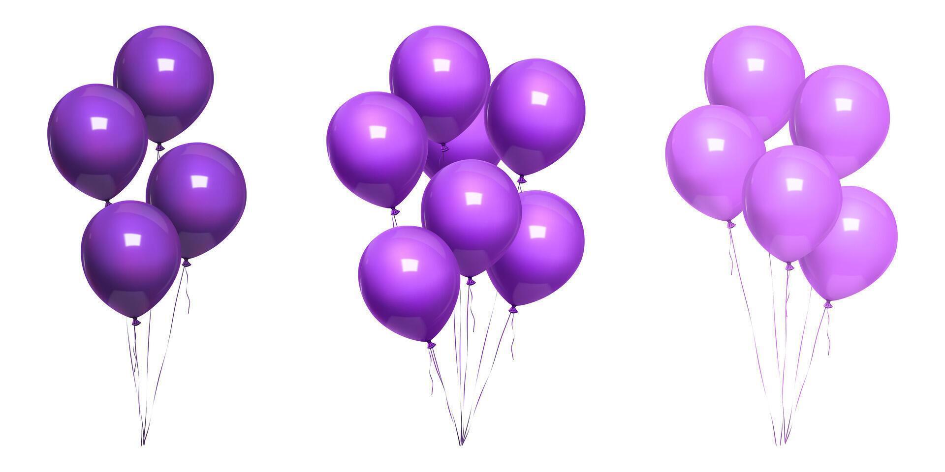Bunch of happy birthday balloons 3d, minimal bday present. Purple corol party decoration, isolated on white bg. Inflated air balls float, realistic element mockup. Anniversary helium gift set vector