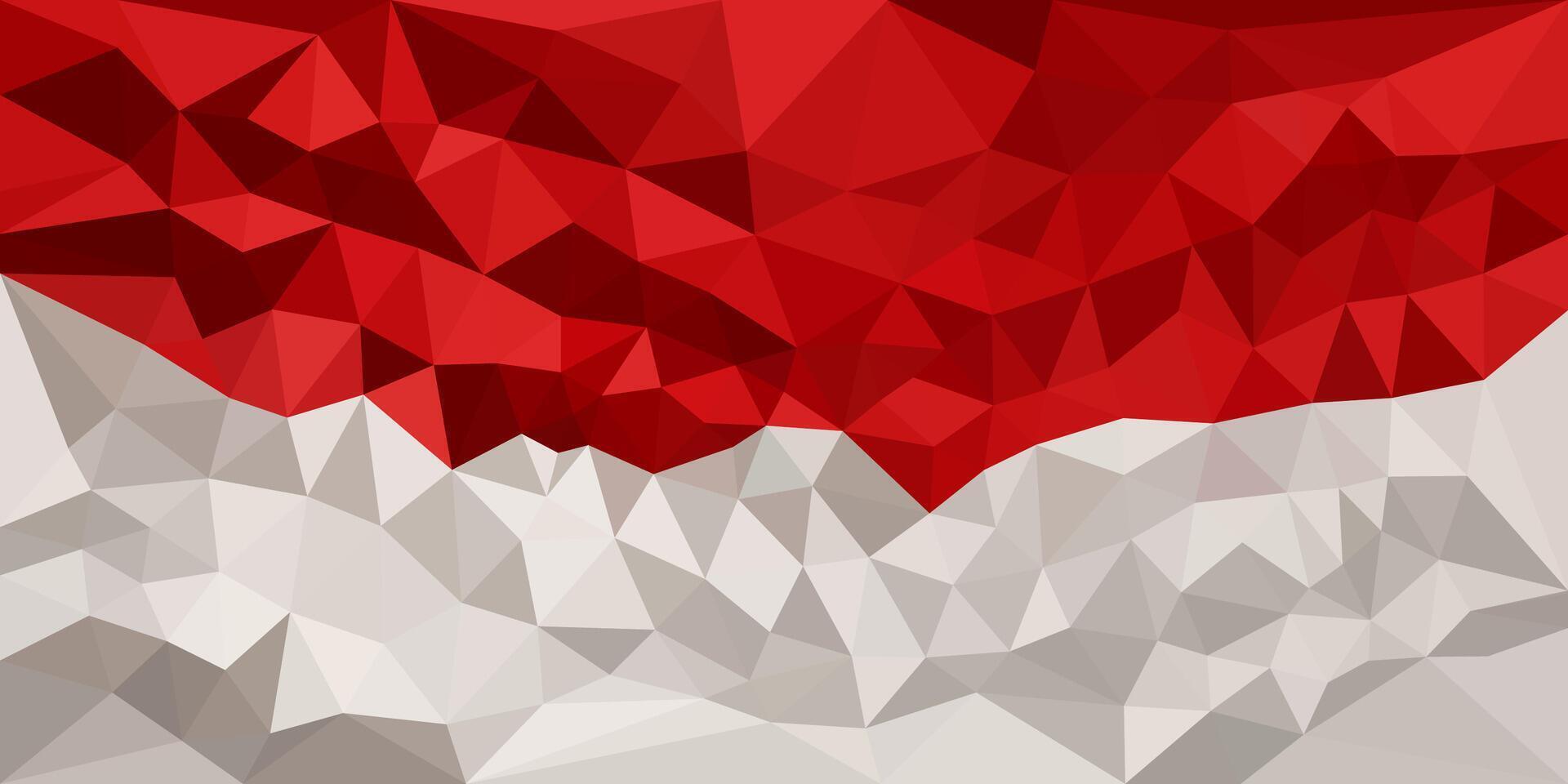 A striking low-poly representation of the Indonesian flag, featuring bold red triangles above a textured white and gray geometric pattern. It's a modern and patriotic design. vector