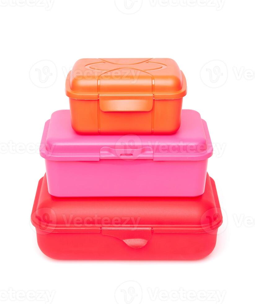 Set of plastic lunch boxes on white. photo