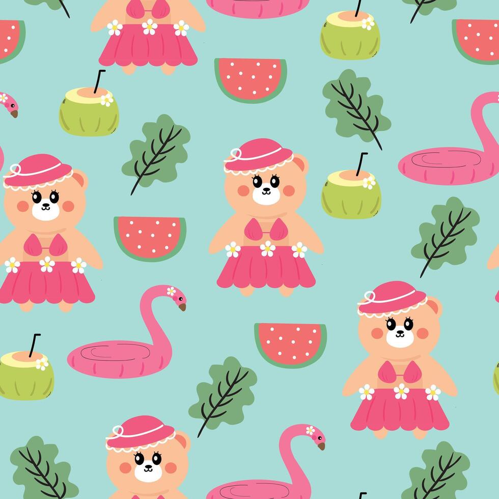 Cute bears in skirts with flamingos vector
