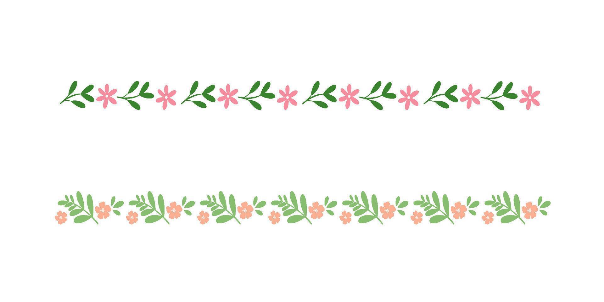 Floral Border Set with Pink and Orange Flowers and Green Leaves with Decorative Divider Design vector
