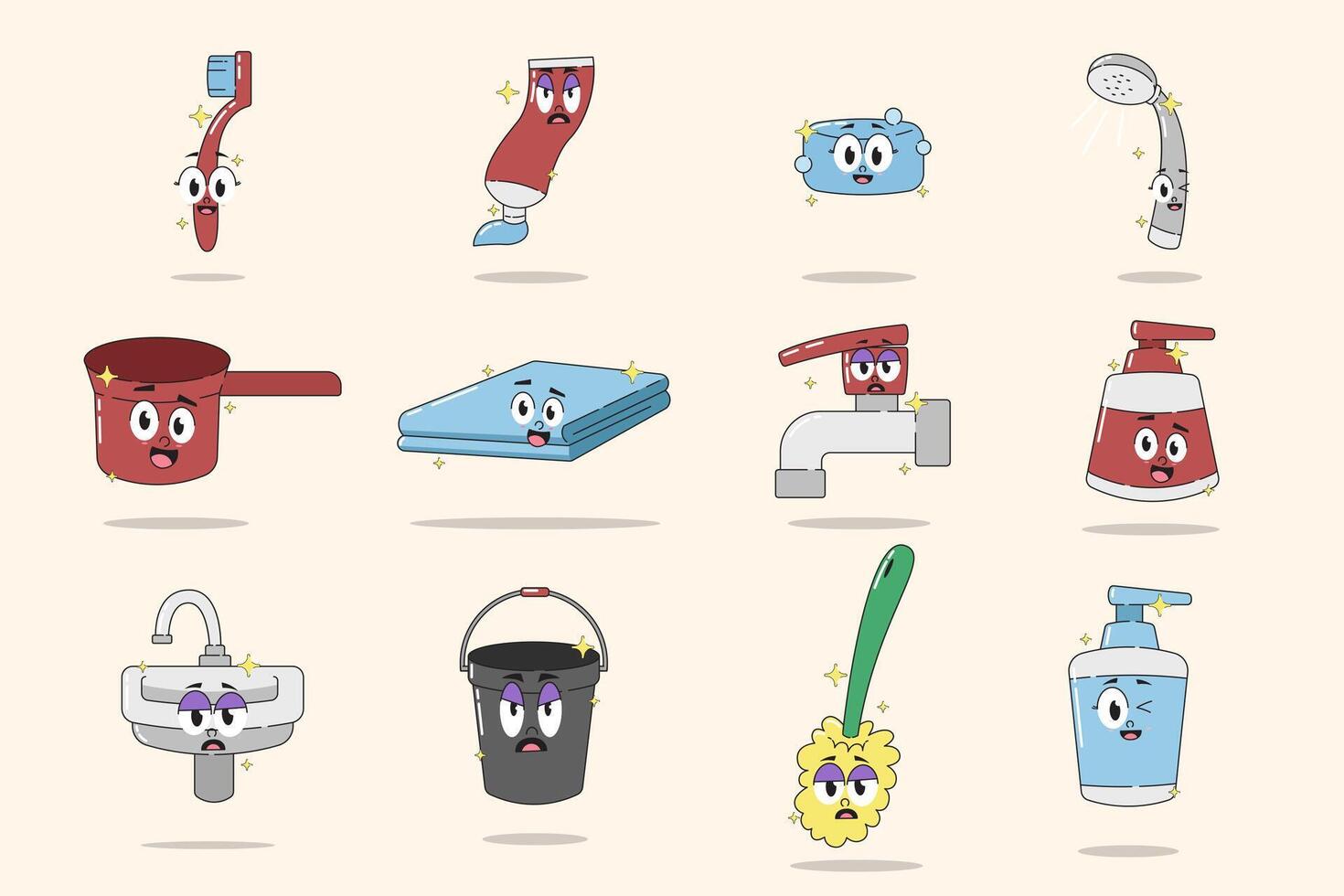 Cartoon cleaning tools with faces vector