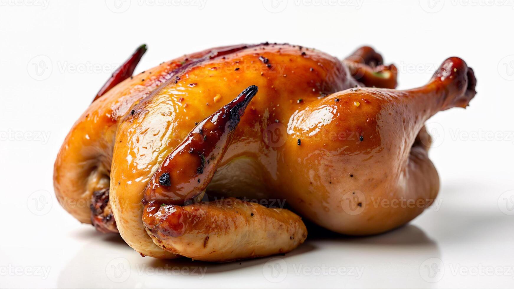 A whole roasted chicken isolated on white background for culinary, menu, or recipe use. The image highlights the golden, crispy skin and rustic preparation style. photo