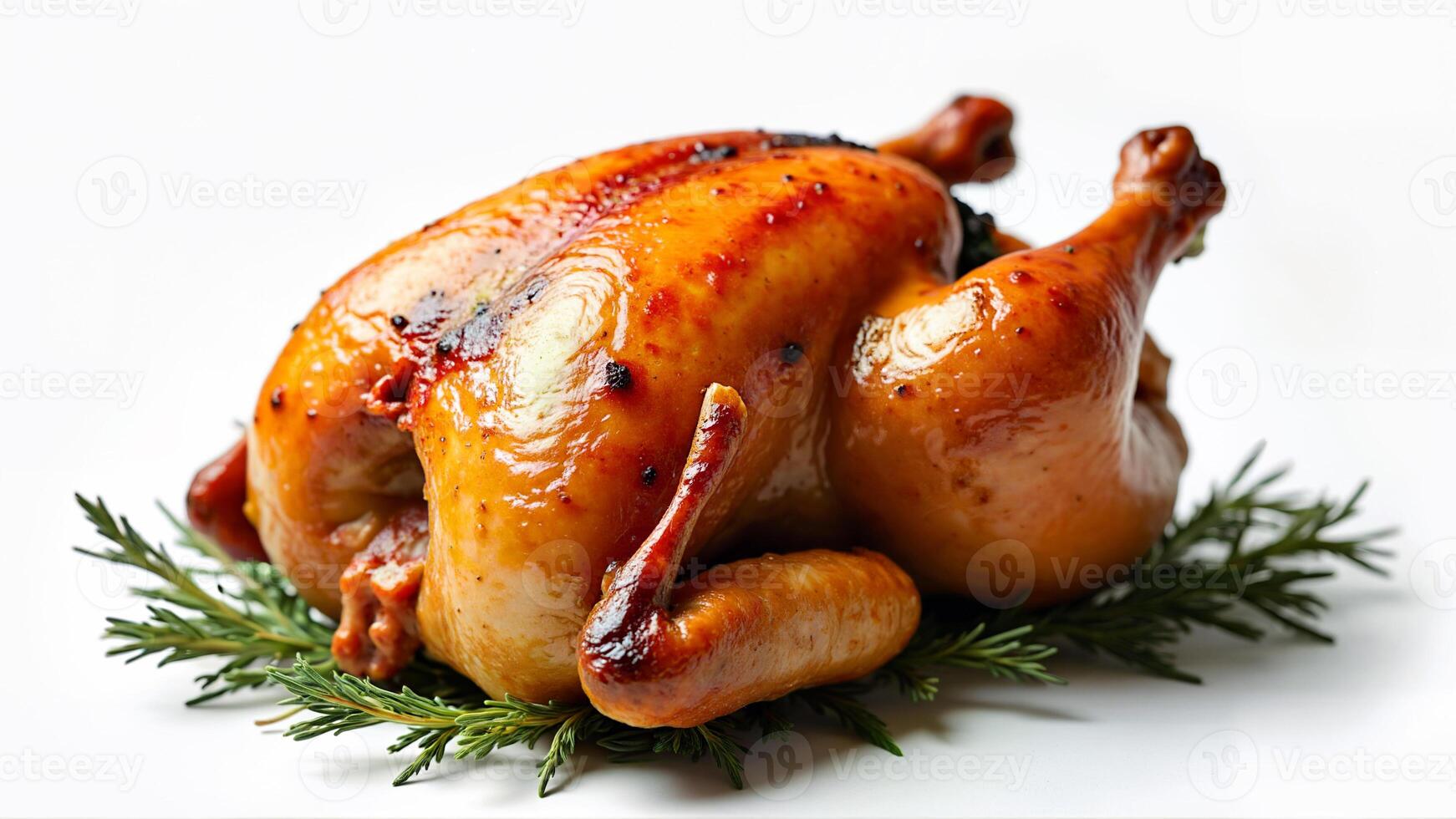 Whole roasted chicken on rosemary, isolated on a white background. Suitable for food, cooking, and recipe concepts. photo