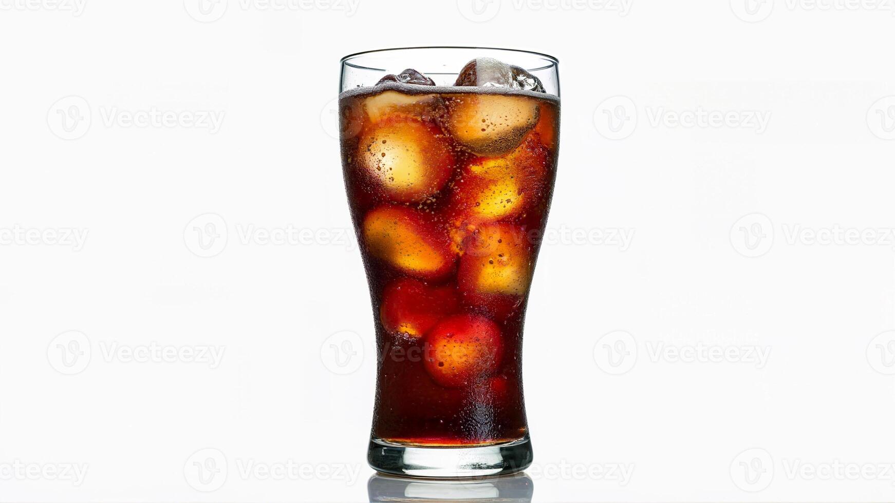 A clear glass filled with sweet cold cola and ice cubes, isolated on a white background. Suitable for illustrating refreshing beverages and soft drink concepts. photo