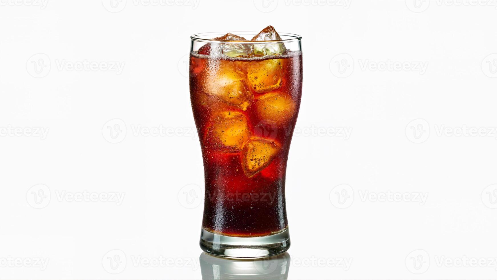 A cold glass of cola with ice cubes isolated on a white background. Suitable for illustrating beverages, refreshment, or drink concepts. photo