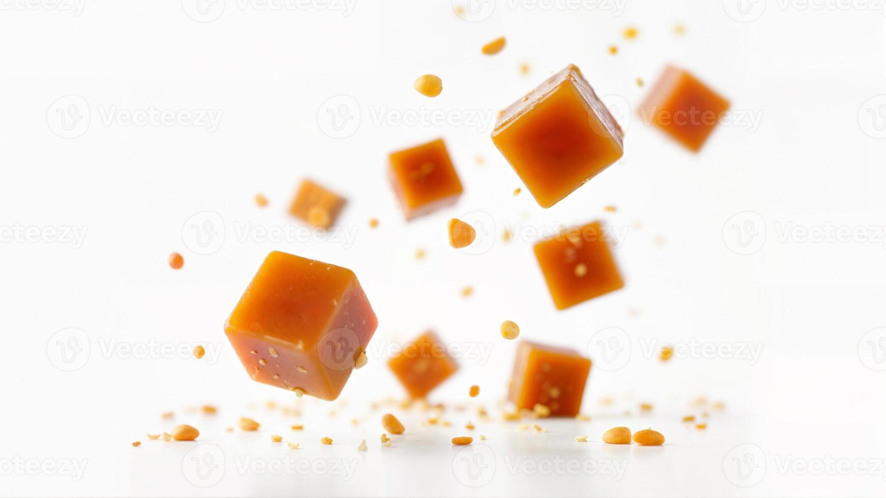 Isolated caramel cubes appear to be floating with small crumbs scattered around them. For food, dessert, or confectionery concepts with a clean, minimal background. photo