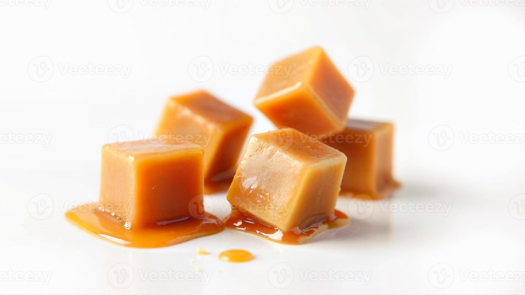 Sweet caramel cubes melting and arranged on an isolated white background. Suitable for food advertising and confectionery product presentations. photo