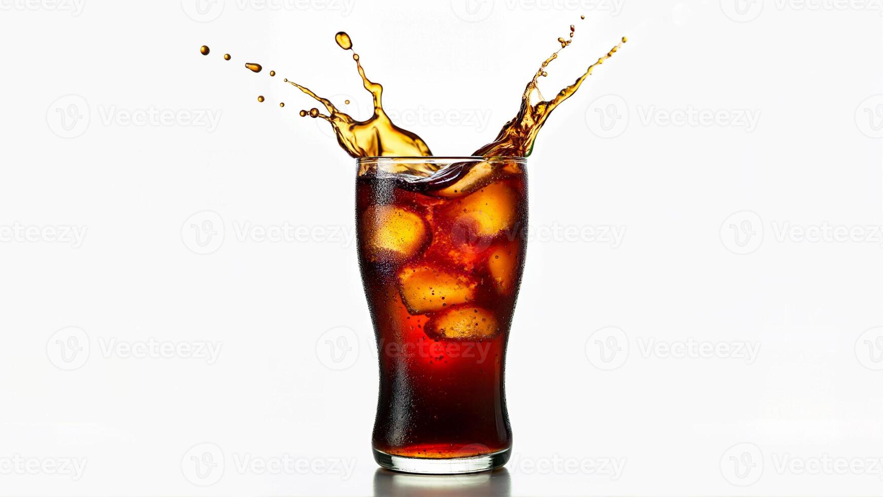 A glass of cola with ice cubes, splashing on an isolated white background. Suitable for illustrating refreshment, beverage advertising, or drink concepts. photo