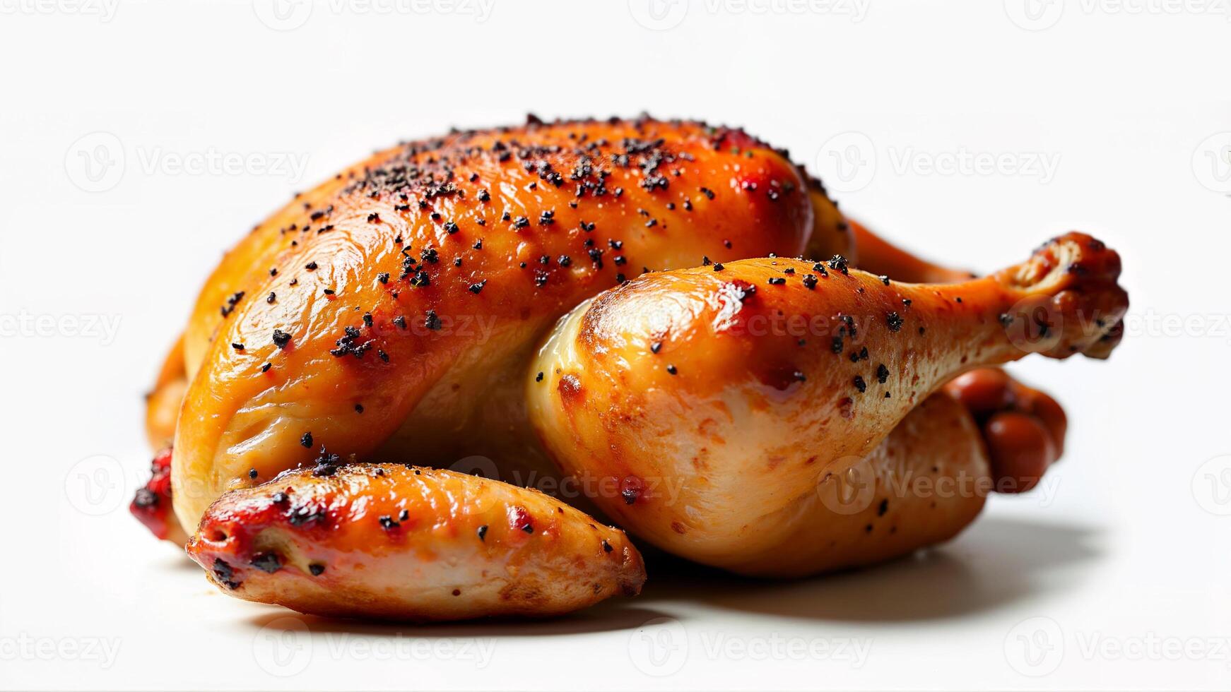 Whole roasted chicken with golden skin and cracked black pepper, isolated on a white background. Suitable for food blogs, recipe websites, and culinary presentations. photo