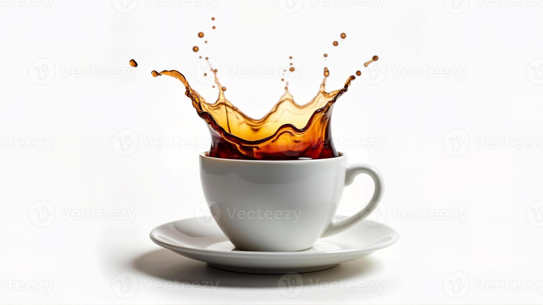 Coffee splashes from white ceramic cup and saucer, isolated on a clean white background. Suitable for beverage freshness, energy, or coffee-related concepts in advertising and editorial content. photo