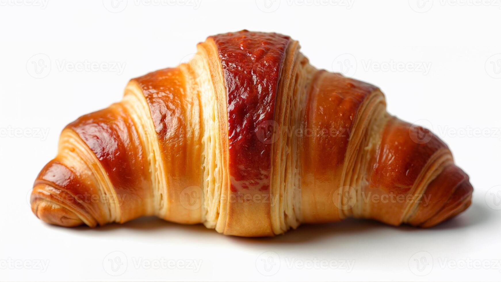 Golden brown, crispy croissant isolated on a white background. Suitable for bakery menus, food blogs, and advertising needing a clear, appetizing pastry image. photo