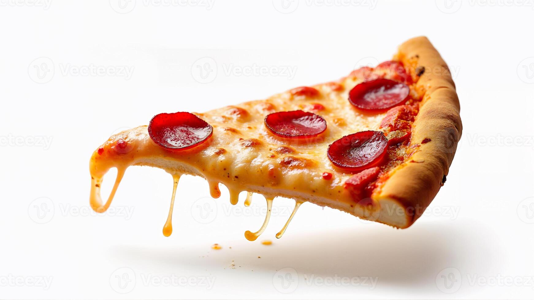 A single crispy pepperoni pizza slice with melted cheese isolated on a white background. Suitable for food advertising, menu design, and restaurant promotions. photo