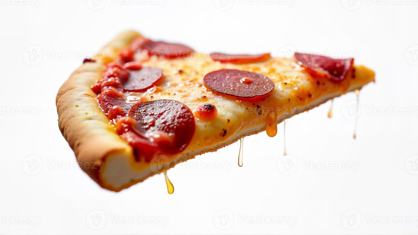 A single crispy pepperoni pizza slice with melted cheese is isolated on a white background. Suitable for food advertisements, menu designs, and restaurant promotions. photo