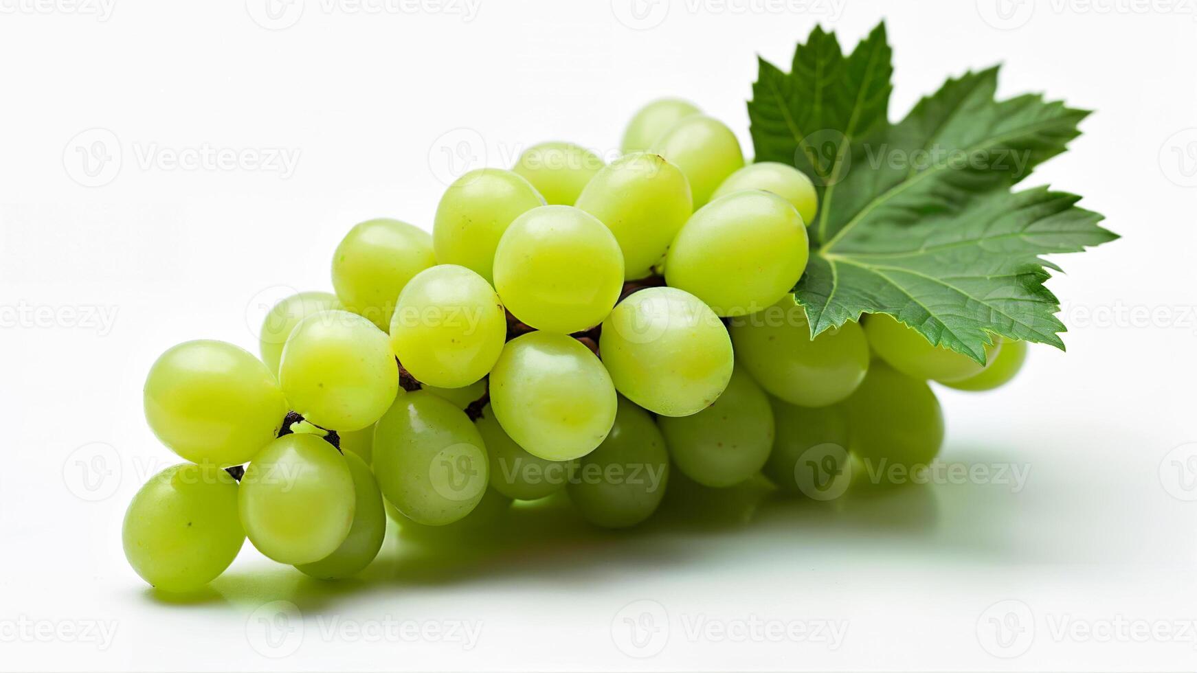 A cluster of juicy green grapes with a vibrant leaf is isolated on a white background. Suitable for food, nutrition, healthy eating, and fruit-related concepts. photo