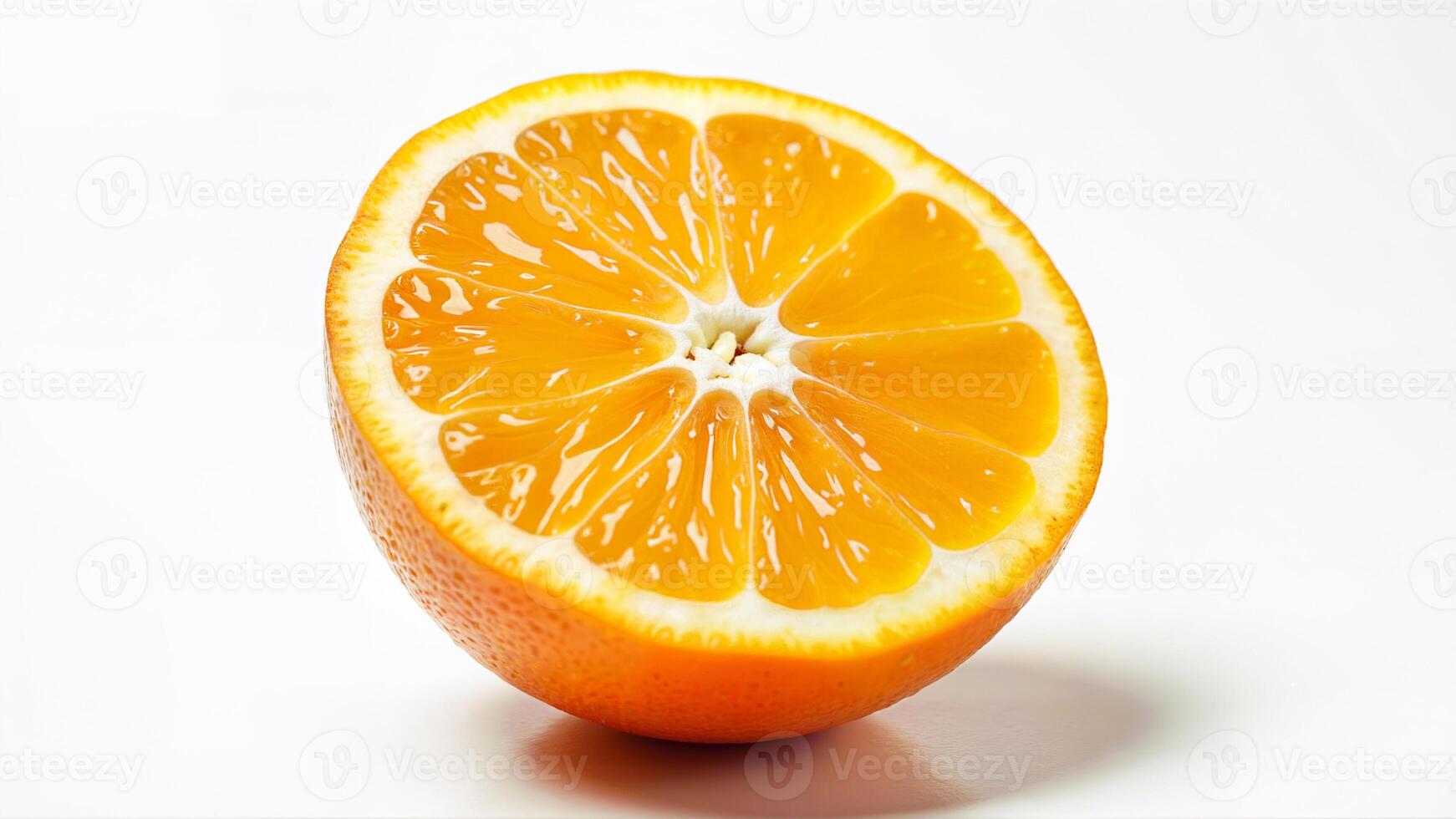 Half of a fresh orange with visible seeds and juicy flesh is isolated on a white background. Suitable for food, nutrition, healthy eating, and citrus fruit concepts. photo