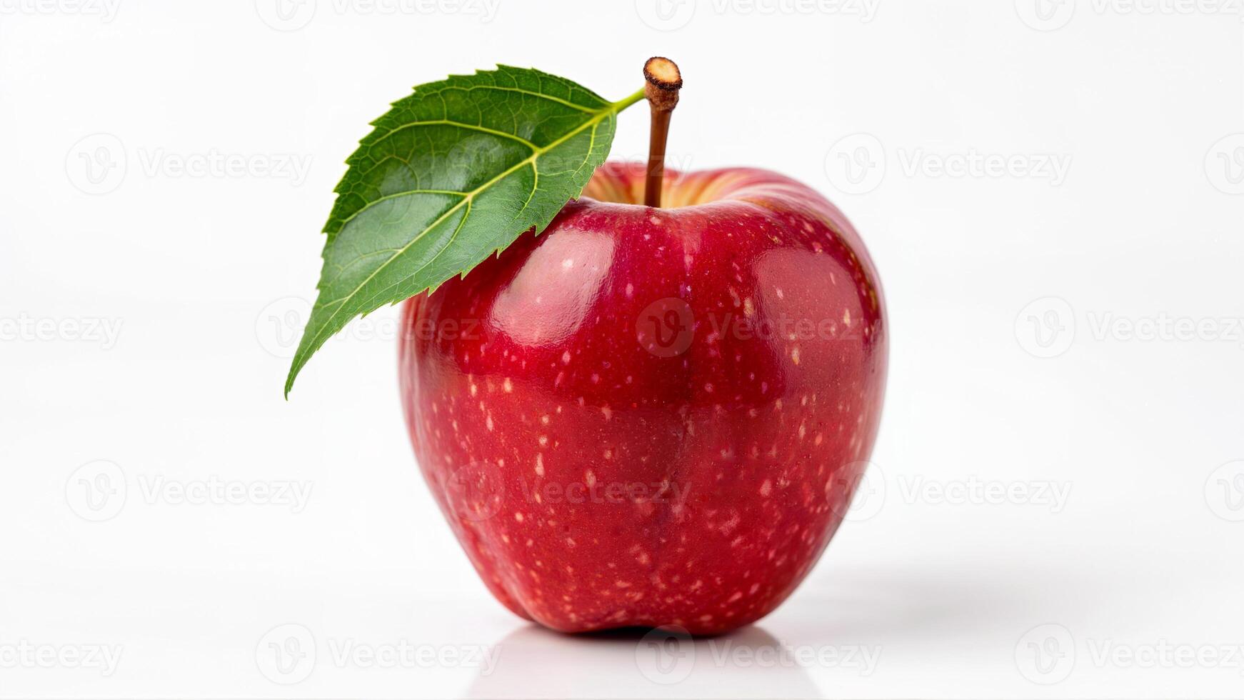 Single ripe red apple with a green leaf isolated on a white background Suitable for food advertisements, healthy eating concepts, and nutrition-related content. photo