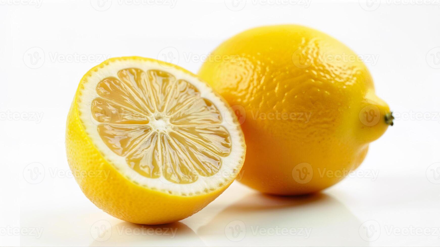 Whole and sliced lemon with visible seeds and juicy flesh isolated on a white background. Suitable for food, nutrition, and healthy lifestyle concepts in digital or print projects. photo