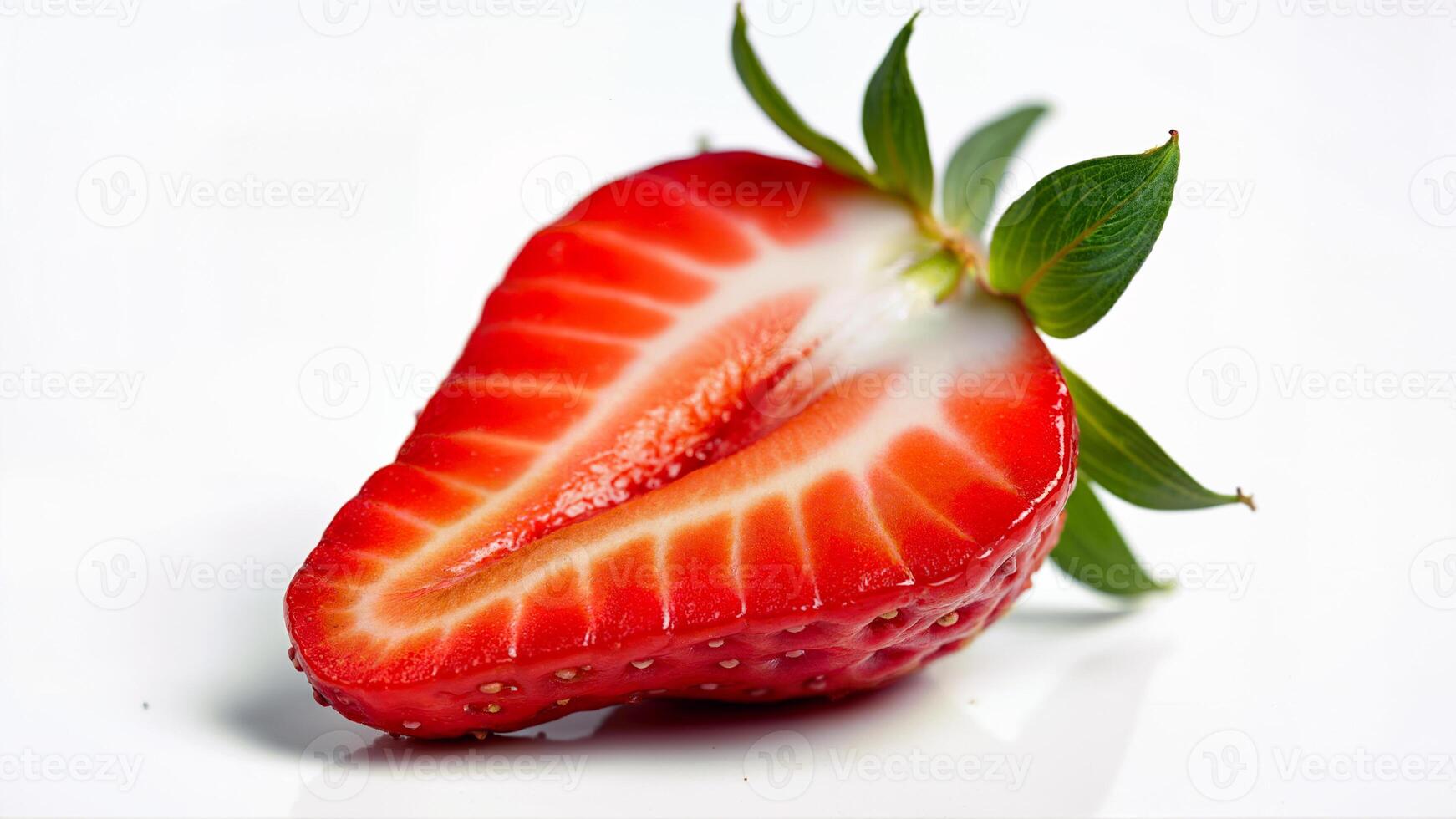A vibrant, juicy strawberry half with visible seeds and green leaves is isolated on a white background. Suitable for food, nutrition, healthy eating, and fruit-related visual content. photo