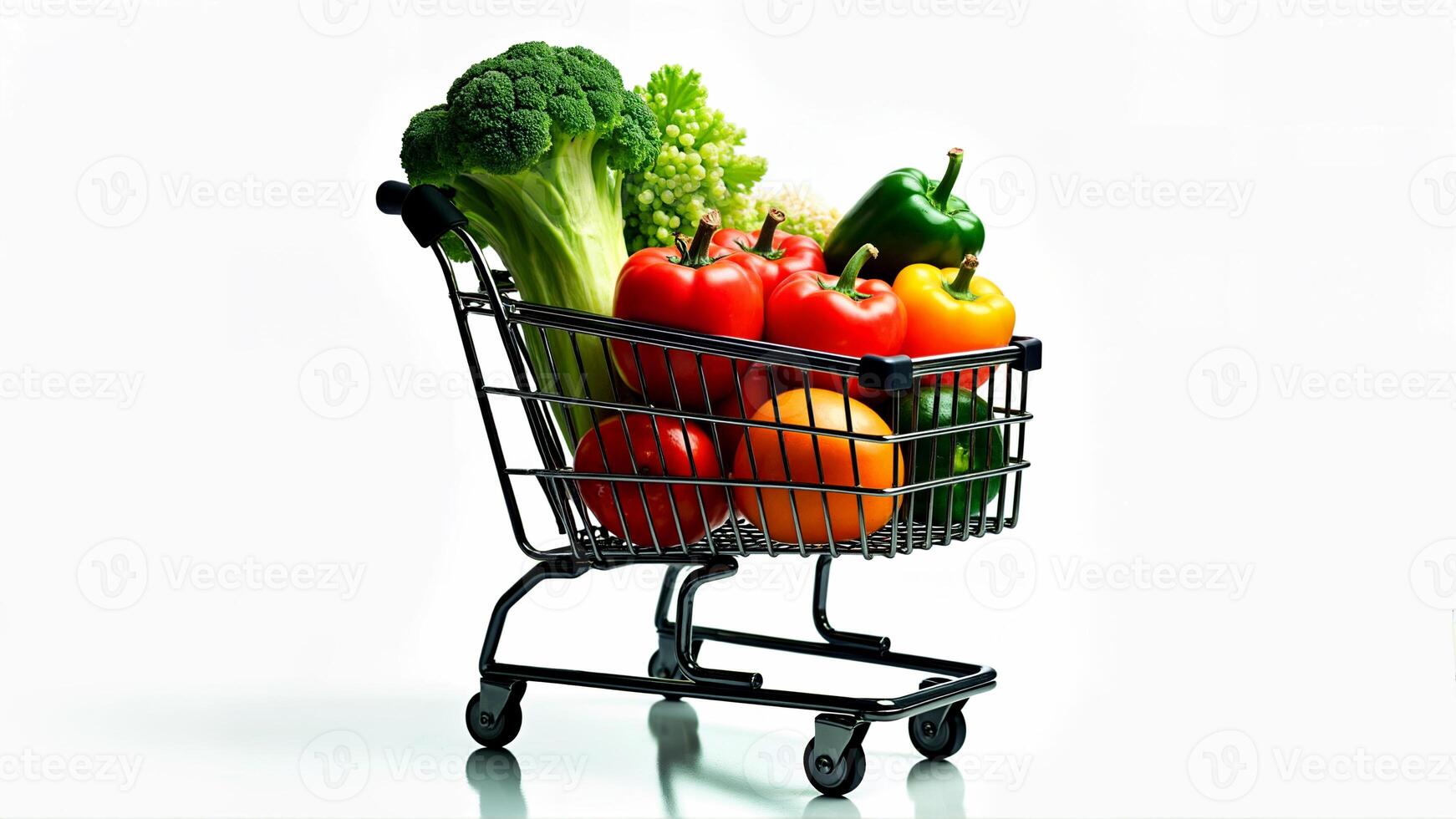 A metal shopping cart with assorted fresh fruits including pineapple, oranges, and apples, isolated on a white background. Suitable for illustrating healthy food choices, grocery shopping, or nutrition concept photo