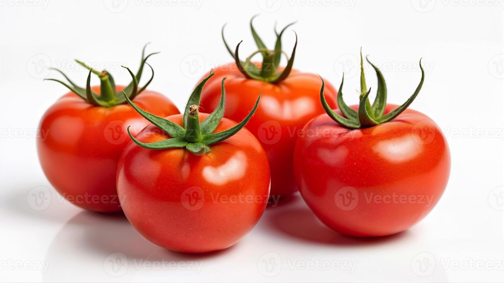 Four ripe red tomatoes with green stems are isolated on a clean white background. Suitable for food packaging, nutrition articles, and healthy eating promotions. photo