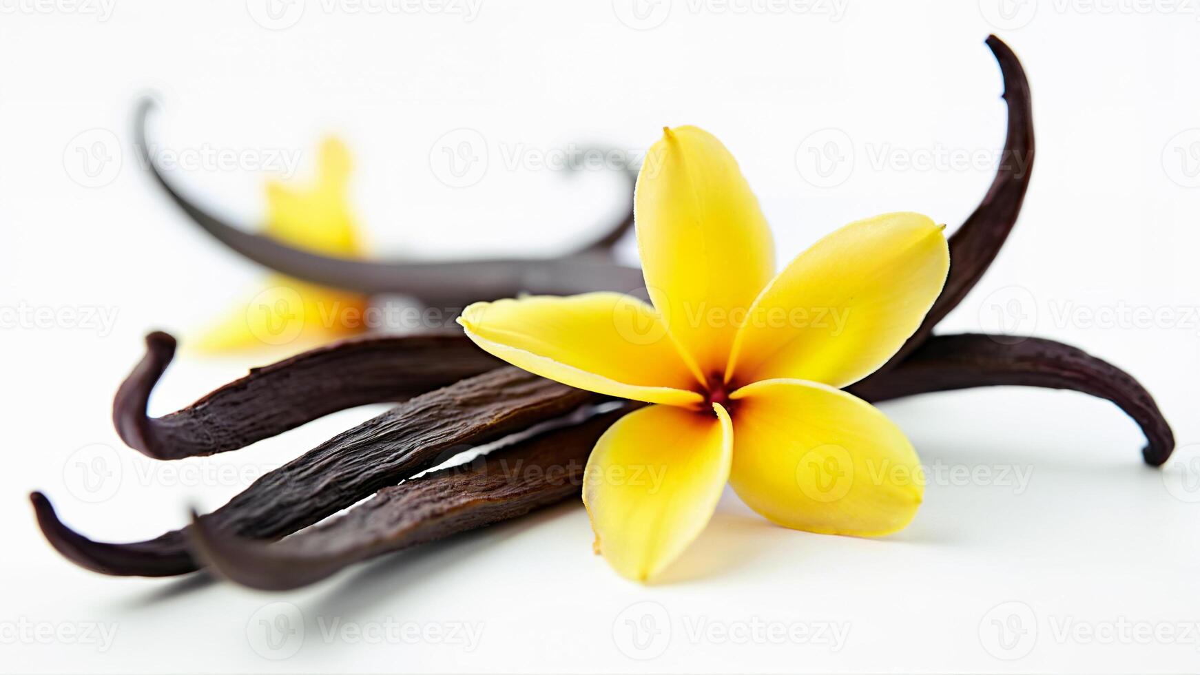 Yellow vanilla flower and dark vanilla pods are isolated on a white background. Suitable for culinary, botanical, or ingredient-related content. photo