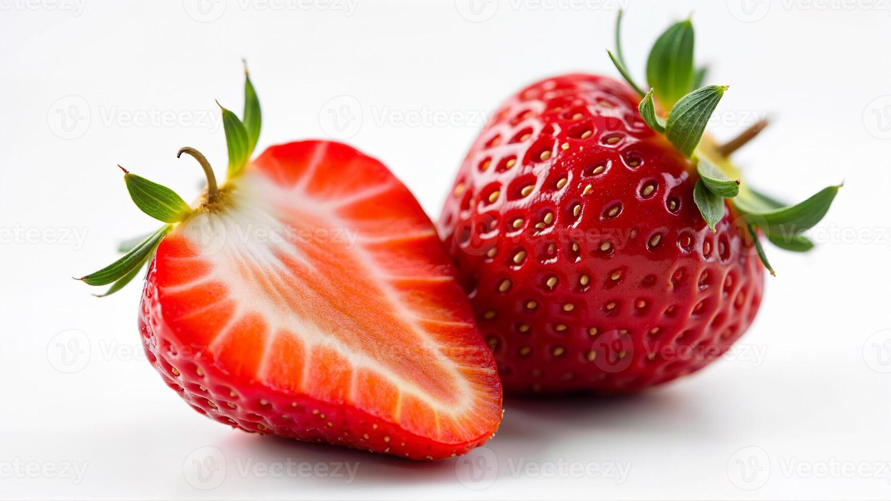 A vibrant, fresh strawberry and a juicy sliced half with visible seeds and red flesh, isolated on a white background. Suitable for food blogs, healthy eating promotions, and nutrition-related content. photo