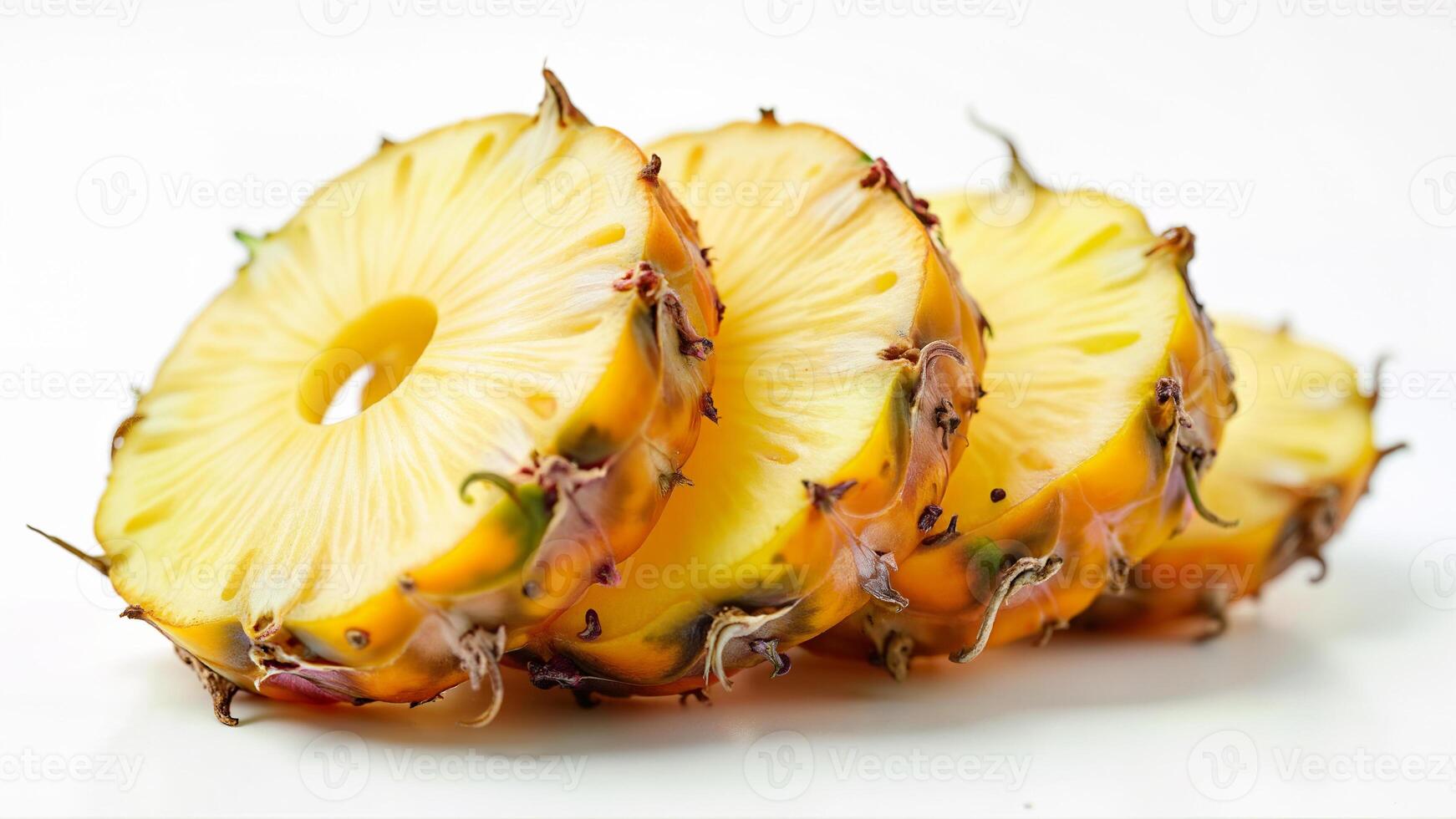 Ripe pineapple slices with visible seeds and juicy yellow flesh are isolated on a white background. Suitable for food blogs, healthy eating promotions, and tropical fruit advertisements. photo